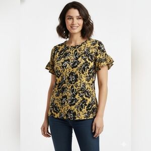 Floral Ruffle Sleeve Top - Black and Yellow Size 14